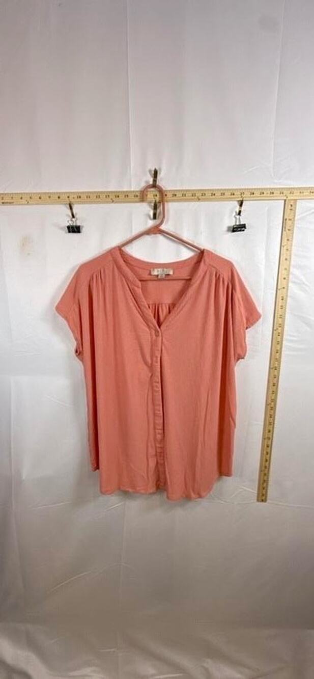 Misia Curvy Womens 2X Short Sleeve Blouse Coral Peach Waffle Knit Button Up Top